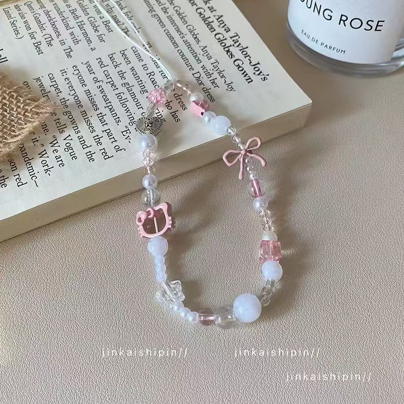 Phone Accessories For Teens - Tali Ponsel Berhias Manik-Manik Kucing Pink