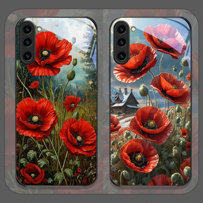 Phone Accessories Red - Casing Ponsel Kaca Temper Berpola Bunga